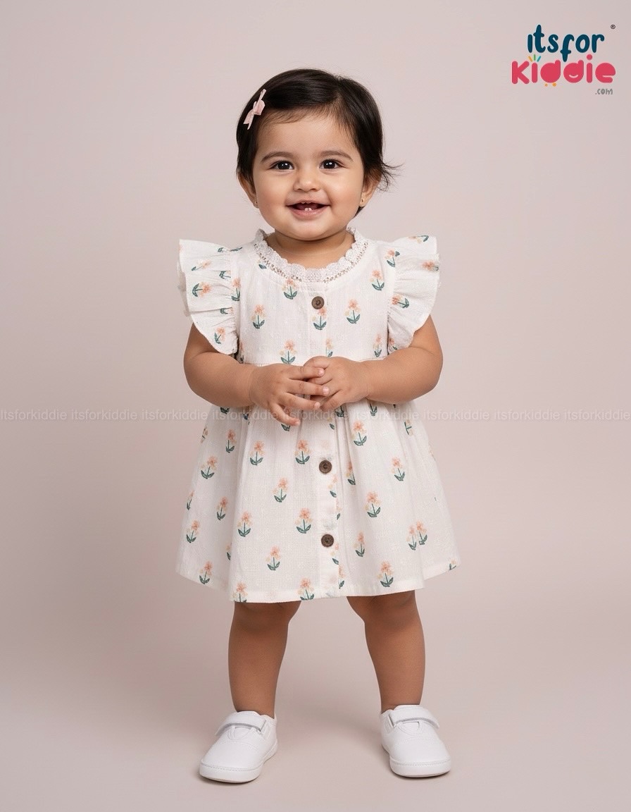 Girls’ Off-White Floral Cotton Frock with Lace