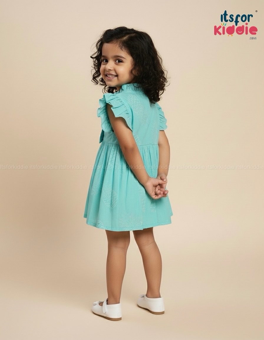 Girls’ Turquoise Cotton Frock with Bow and Ruffle Sleeves