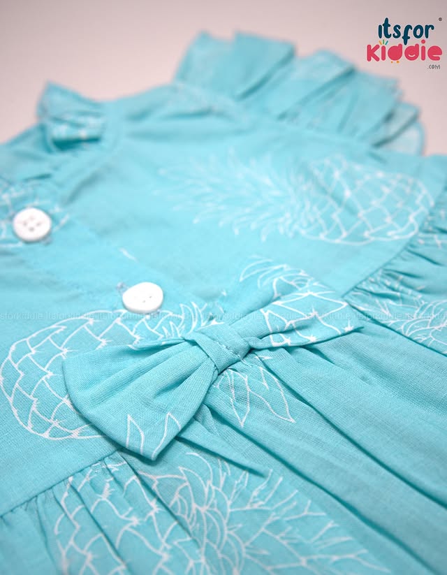 Girls’ Turquoise Cotton Frock with Bow and Ruffle Sleeves