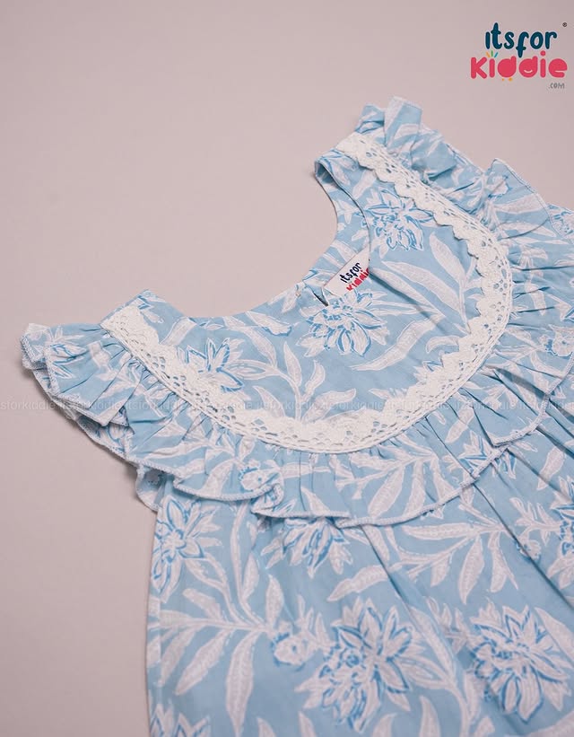 Girls’ Blue Floral Flared Cotton Frock