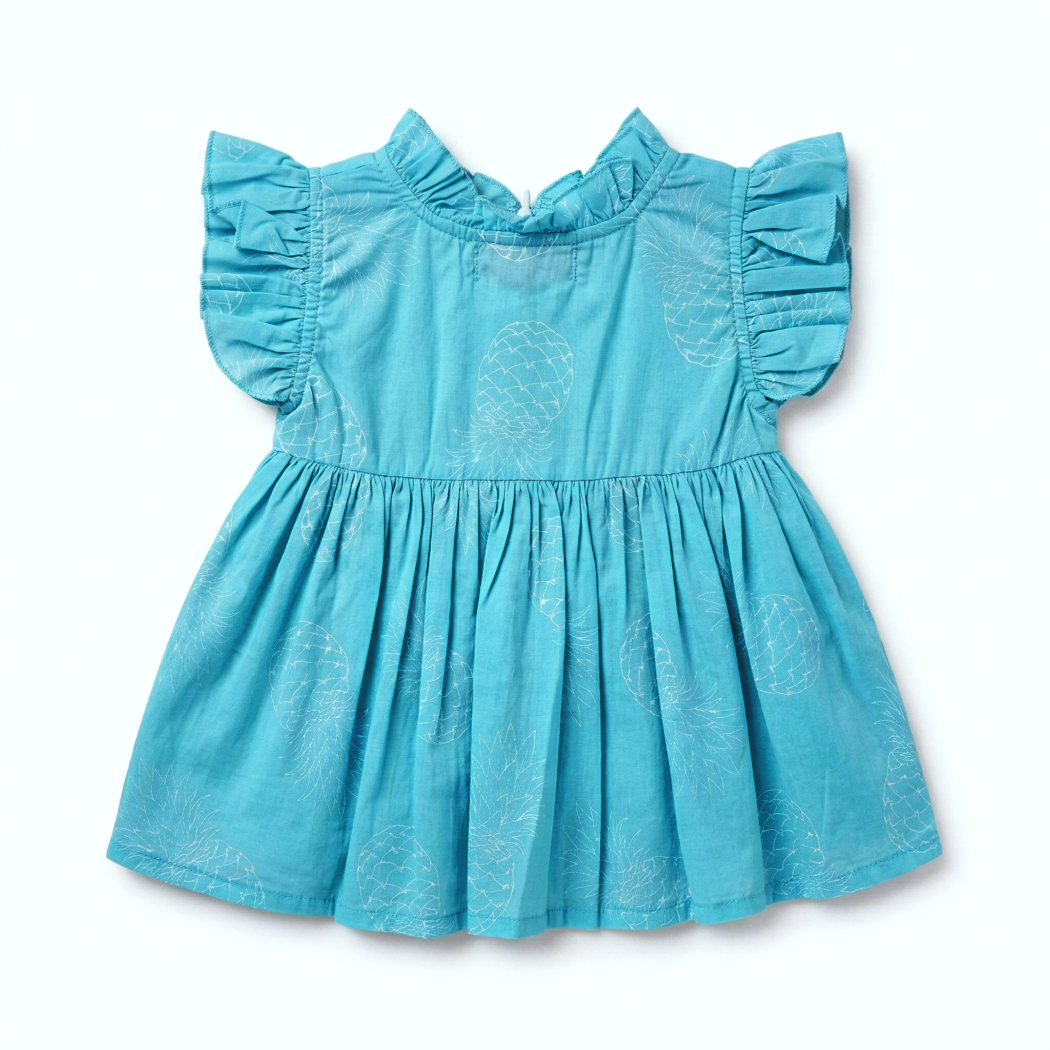 Girls’ Turquoise Cotton Frock with Bow and Ruffle Sleeves