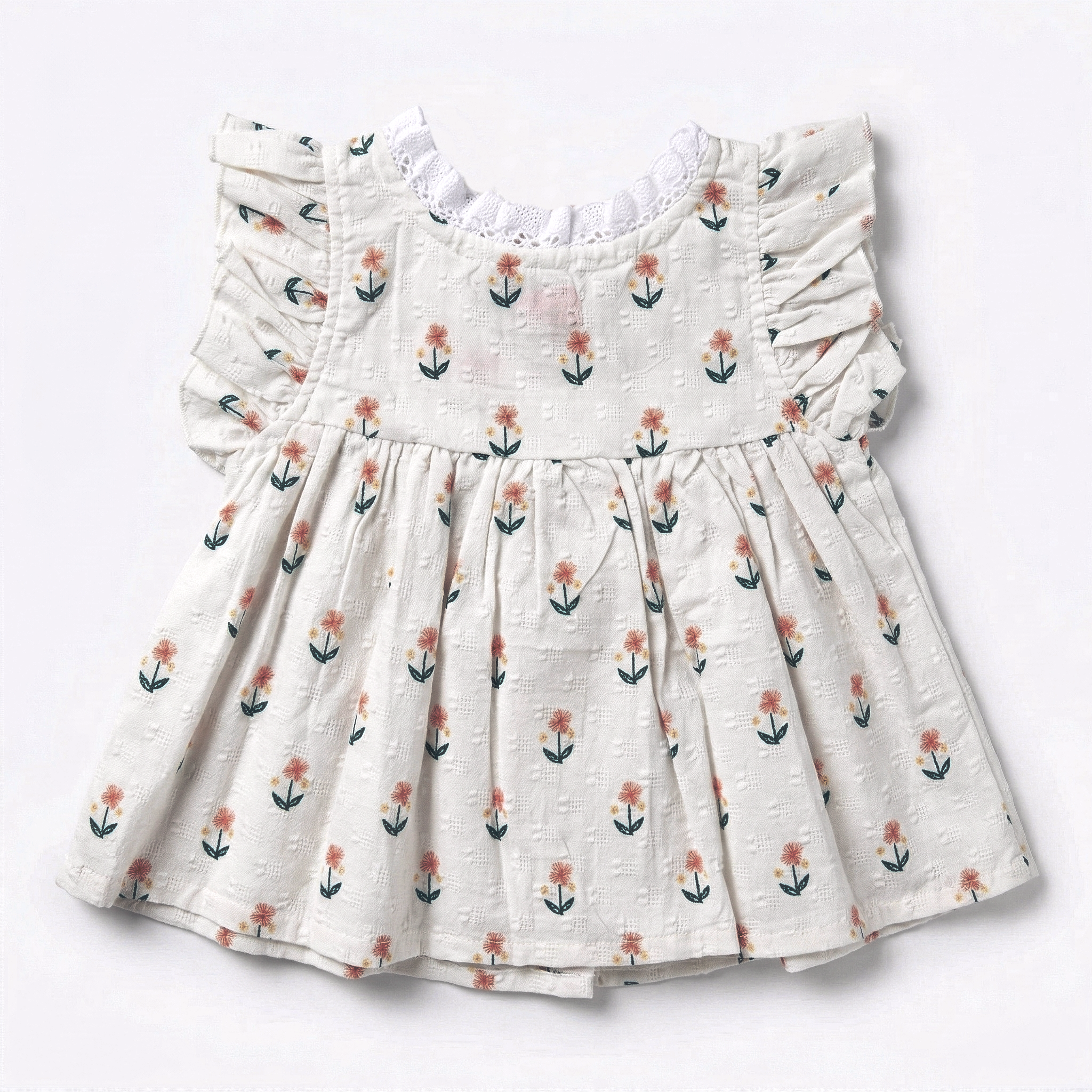 Girls’ Off-White Floral Cotton Frock with Lace