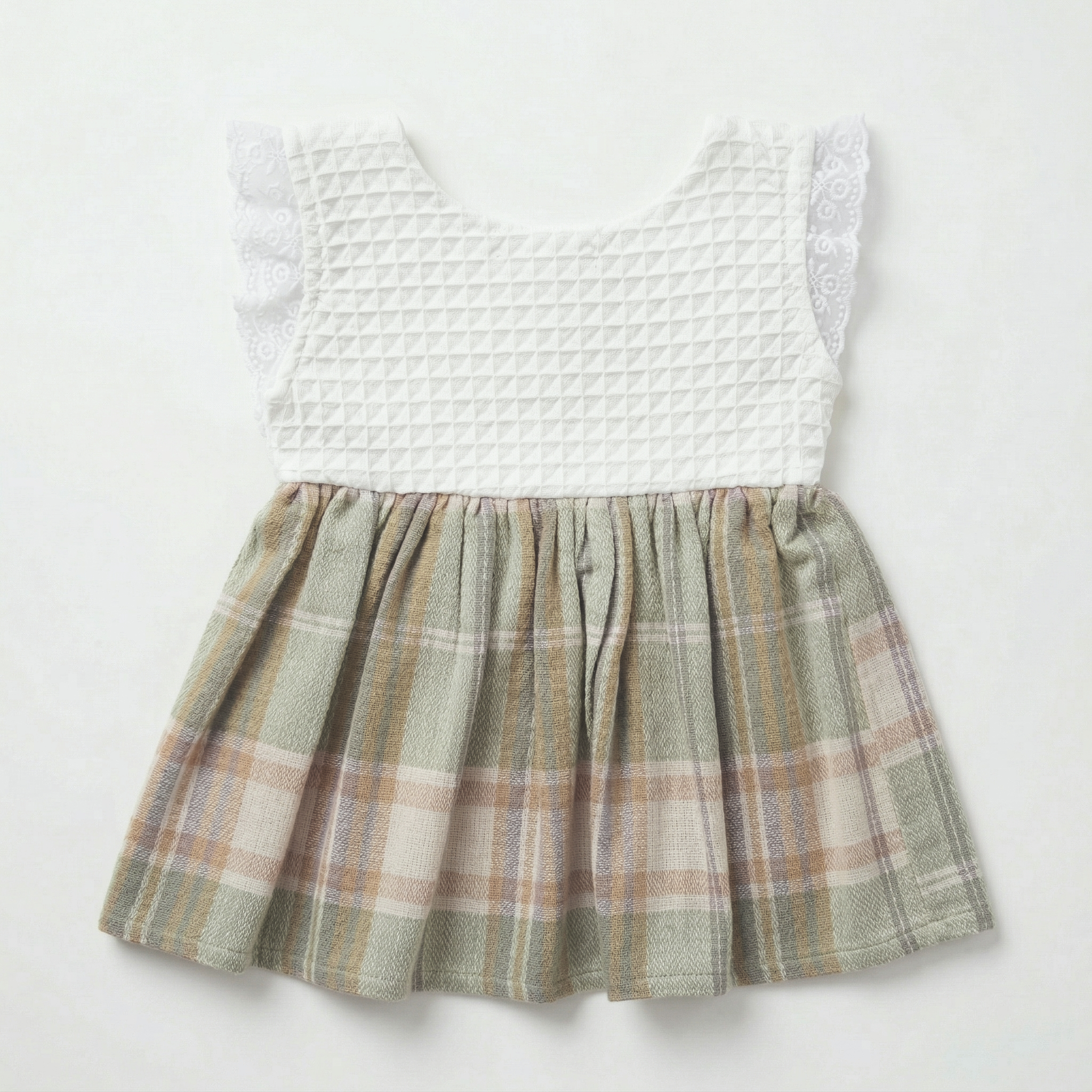 Girls’ Light Green and White Check Cotton Frock with Lace Detailing