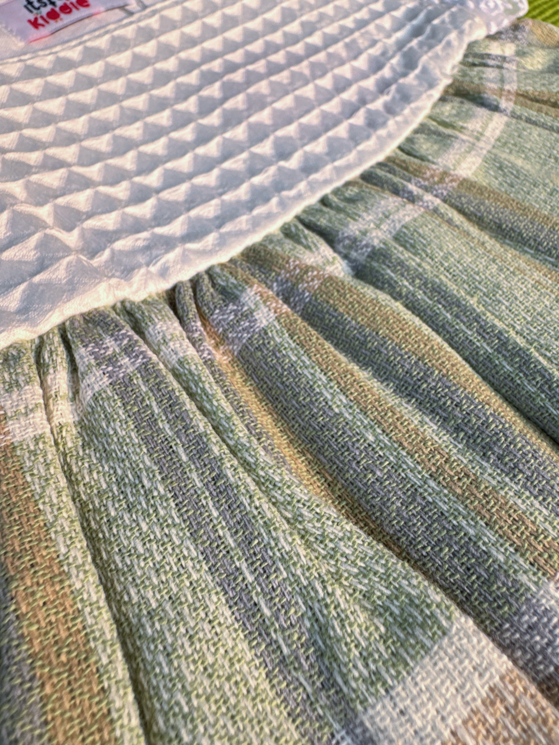 Girls’ Light Green and White Check Cotton Frock with Lace Detailing
