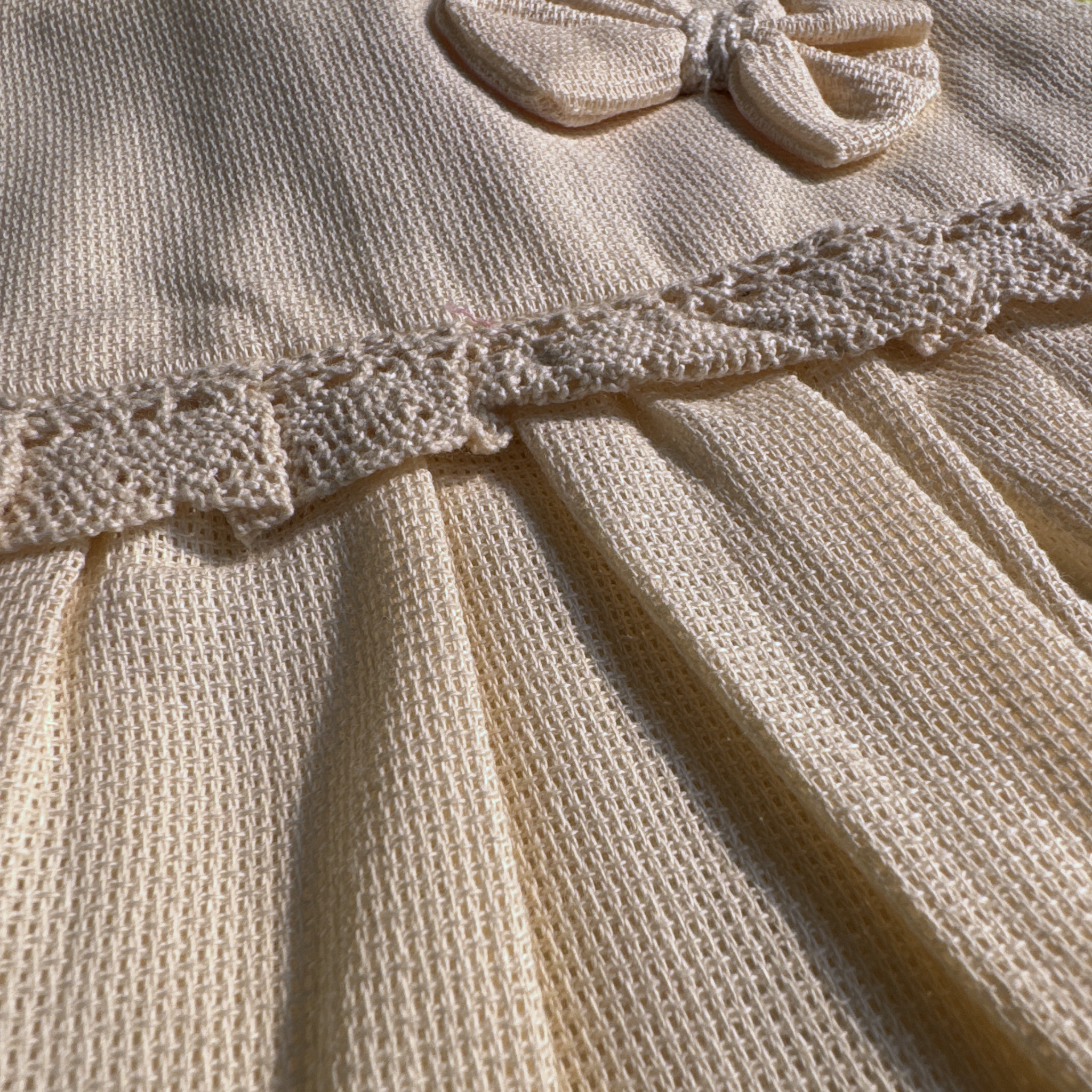 Girls’ Beige Textured Cotton Frock with Bow and Lace Detailing