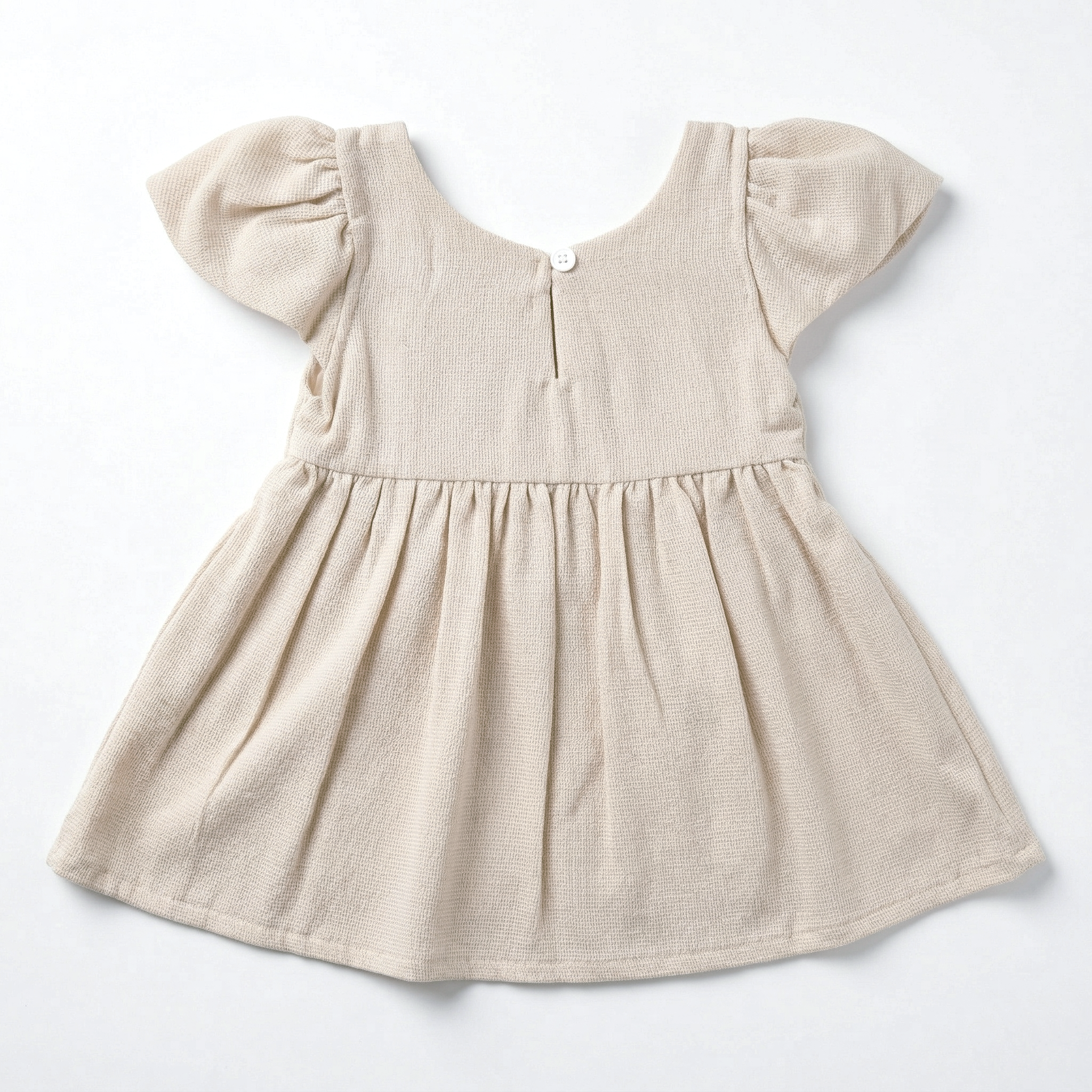 Girls’ Beige Textured Cotton Frock with Bow and Lace Detailing